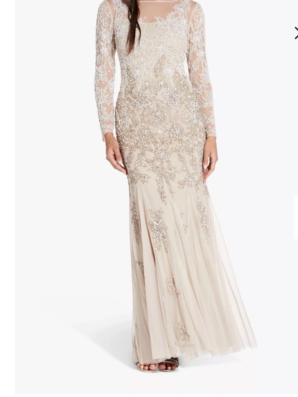 Adrianna Papell Champagne Beaded Illusion Long Sleeve Gown